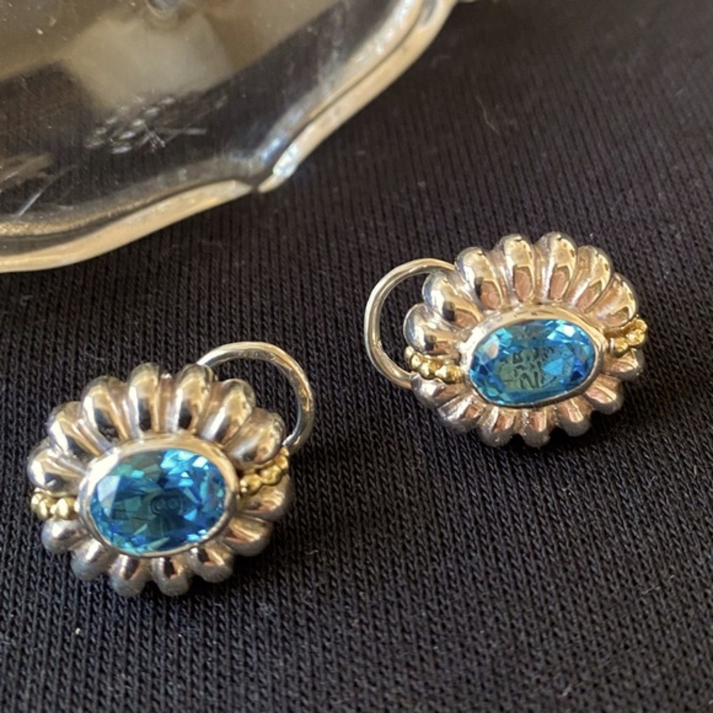 Gorgeous Authentic LAGOS Caviar earrings. Sterling Silver w/18K trim. Blue topaz